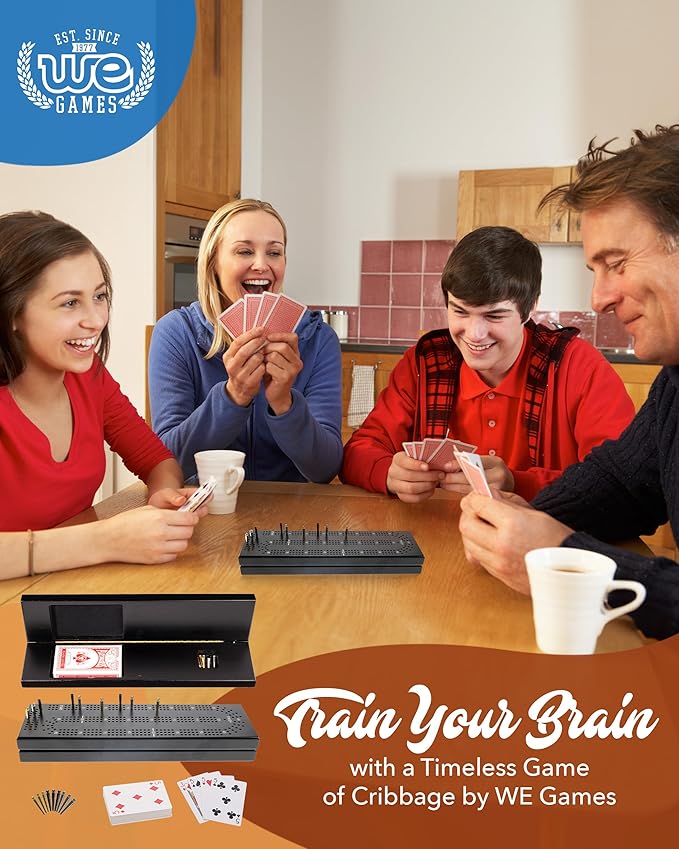 WE Games Wooden Cribbage Board Game Set with Storage Black Stained Continuous 3 Track Card Game for 2-3 Players