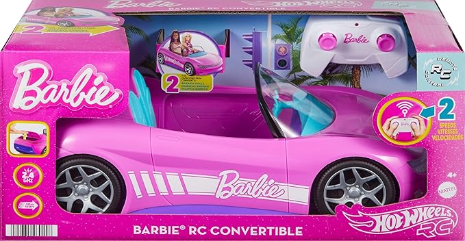 Hot Wheels Barbie RC Toy Car Remote-Control Pink Convertible Can Hold 2 Barbie Fashion Dolls &amp Trunk Opens for Storage Sticker Sheet for Customizing