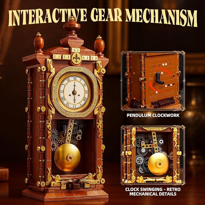 Retro Clock Building Block Set Mechanical Pendulum Vintage Clock Toy with Real Functional Timepiece &amp Moving Gears Home Decor &amp Housewarmings Gift for Man Woman &amp Adults Kids Ages 6+ (75