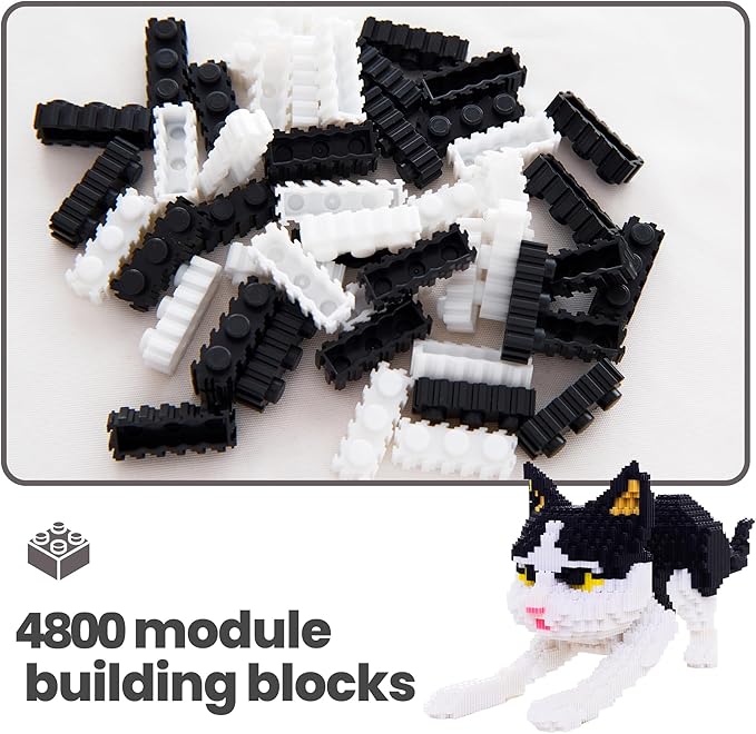 Cat Micro Building Blocks Animal Set Cow Cat DIY Mini 3D Building Toy Bricks Kit Gift for Adults and Kids 4800 Pieces (Black &amp White)