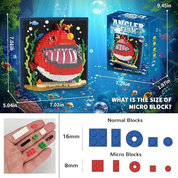 Angler Fish Animal 3D Wall Art Micro Mini Building Blocks Set Unique Home Wall Decor or Table Display No Compatible with Lego Ideal Gift Toy for Adults &amp Boys Girls 14+ (1626 PCS)