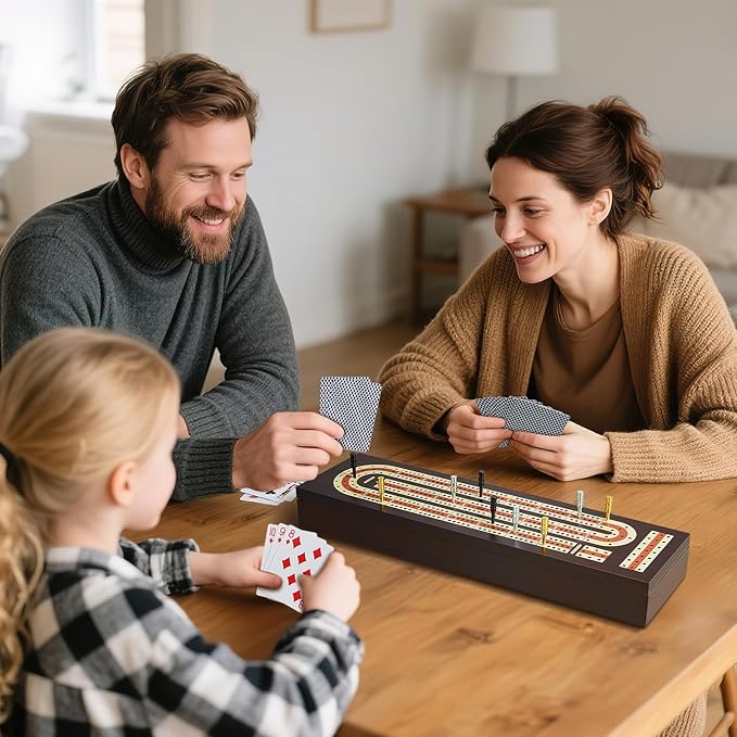 Cribbage Board Game Set Continuous 3 Track Wooden Board with Magnetic Lock 9 Metal Pegs 2 Playing Cards Large Storage Area Travel Portable Travel Cribbage Boards for Adult Child