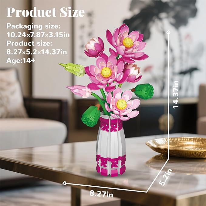 Lotus Building Set Flowers Bouquet with Vase Compatible with Lego Botanical Collection Pink for Women Adults 14 Years &amp Up Home Office Decor