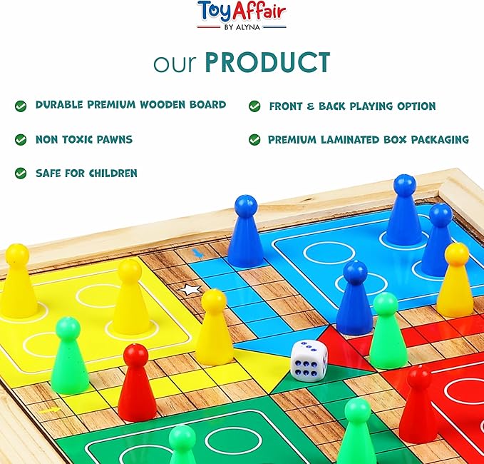 Ankit Toys &amp Games 5-in-1 Wooden Board Game Set Includes Ludo Snakes &amp Ladders Chess Checkers and Tic Tac Toe. Portable Fun for Kids Adults and Family Game Nights | 2 Reversible Boards