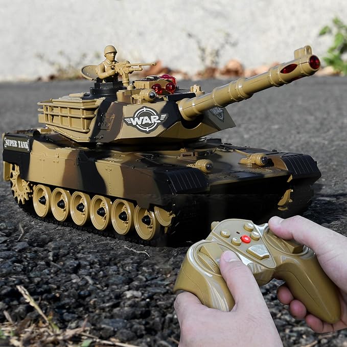 Haktoys RC Battle Tank – 1:24 Scale Remote Control Military Toy with Infrared Shooting Rotating Turret Realistic Lights &amp Sounds | Radio Control Army Tank for Kids &amp Adults