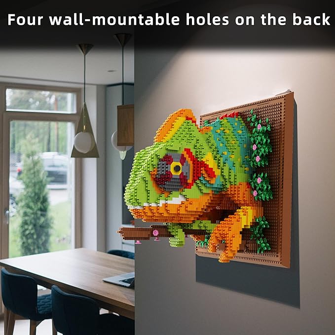 3D Wall Art Chameleon Mini Building Blocks Set - Cute Animal Mural Micro Building Block Bricks Craft Kit Creative Ideals Toy for Kid Adult Collectible Architecture Decoration Party Favor 2688PCS