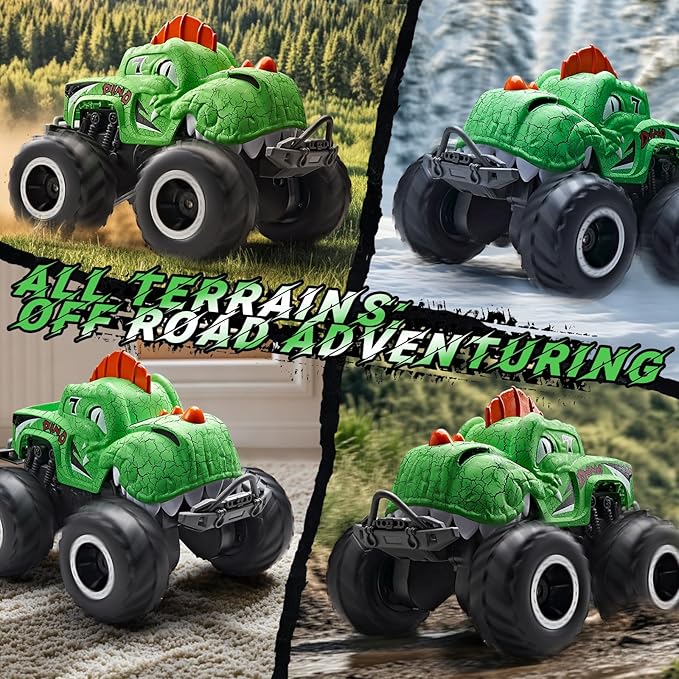 Monster Truck Toys 1:20 Waterproof Dinosaur Monster Trucks for Boys Age 4-7 2.4GHz All Terrain RC Cars with 2 Batteries 360° Rotating Stunt RC Car Toy Birthday Gift for Kids 3-5