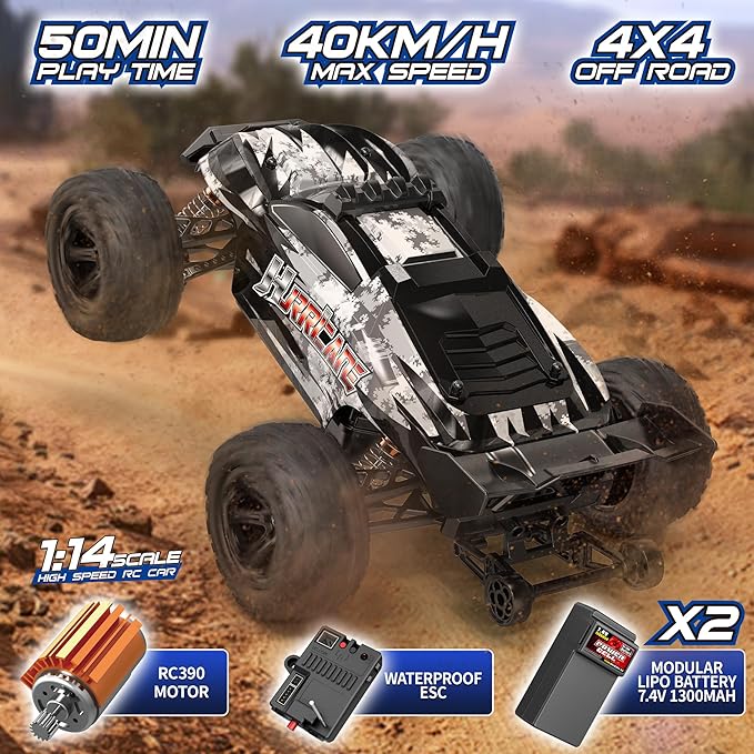 1:14 Scale All Terrain RC Cars for Adults &amp Boys (HS14323) Max Fast 40+ KPH 4WD Off-Road RC Truck for Snow &amp Sand &amp Mud 4X4 Waterproof Remote Control Car with 2 Rechargeable Batteries