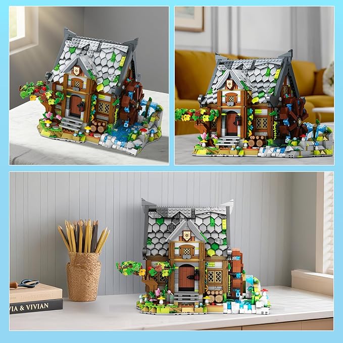 Reobrix Medieval Building Set for Adults– Watermill Cabin1873 PCS Medieval House with Rotating Water Wheel Architecture Collectible Building Bricks Kit for Adults and Medieval Village Fans