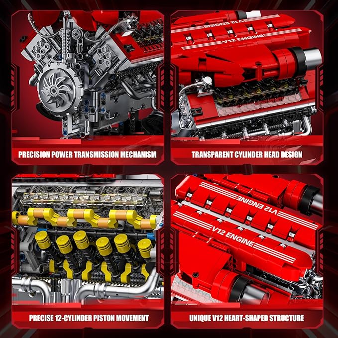 V12 Engine Model Kit That Runs 12-Cylinder Sports Car Engine Building Set with Rechargeable Motor Compatible with Lego for Adults Engineering Construction STEM Toy for Teens (1607 PCS)