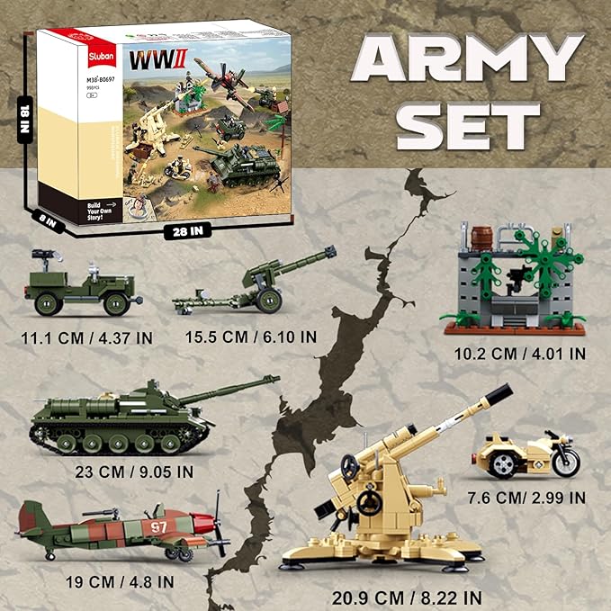 Military Base Building Set WW2 Army Model Kit with Tank Motorcycle Fighter 9 Soldier Minifigures Ideal Gifts for Adult Boys Aged 8 9 10 Compatible with Lego Military 988 PCS