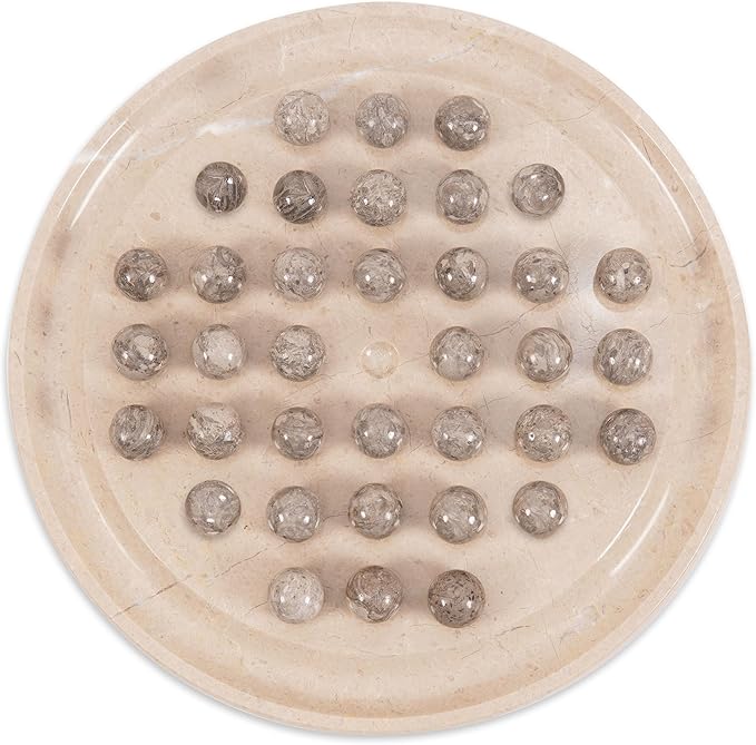 Marble Peg Solitaire Board Game 10 Inches Beige One Player Game Brain Teaser Puzzle with Oceanic Balls Tabletop Game for Family Only