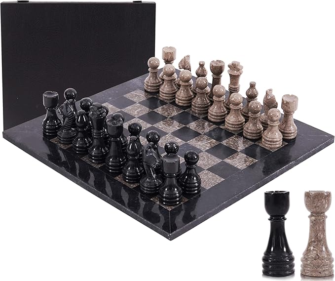 Marble Chess Set for Adults 15 Handmade Black &amp Oceanic Board Game with 32 Chess Pieces 2 Extra Queens &amp Storage Box Luxury Travel Game – Elegant Home Décor