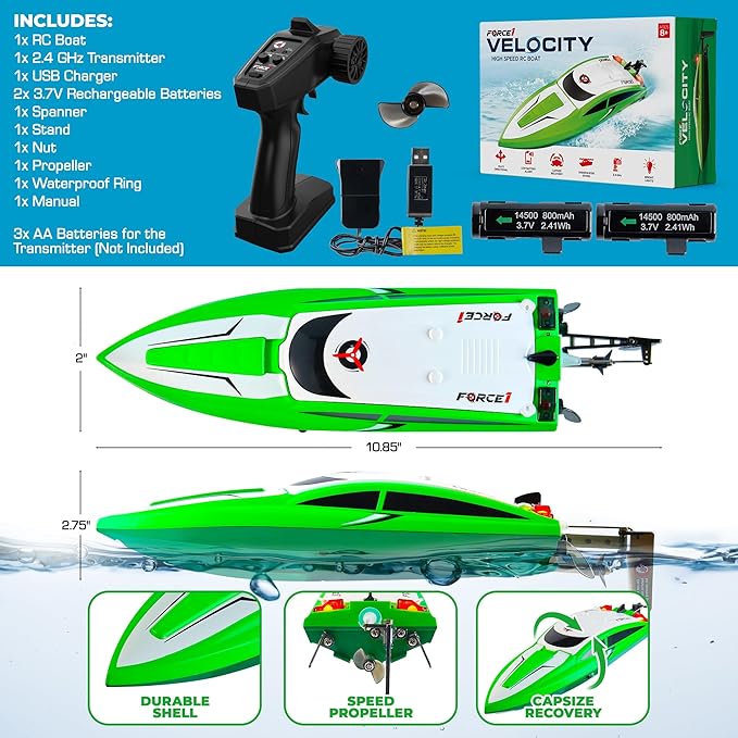 Force1 Velocity Green Fast RC Boat- Remote Control Boats for Adults and Kids Underwater Speed Racing Mini RC Toy for Pools and Lakes 2.4GHZ Transmitter 2 Rechargeable Batteries Low Battery Alert