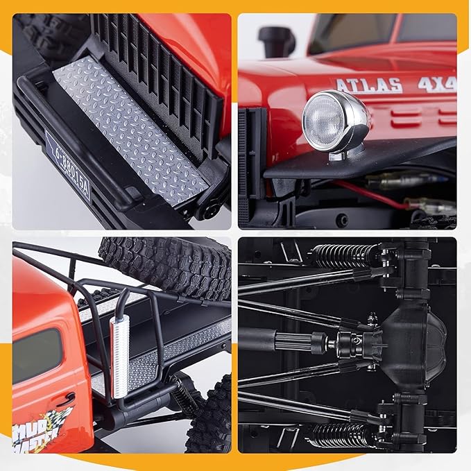 EAZYRC FMS Rochobby 1/10 Atlas Ready Set RC Crawler RC Truck 4X4 with Lighting 2.4GHz RadioBall Bearing Metal-Gear Full4 Link SuspensionRapid Separation Car Body for Adult (Orange)