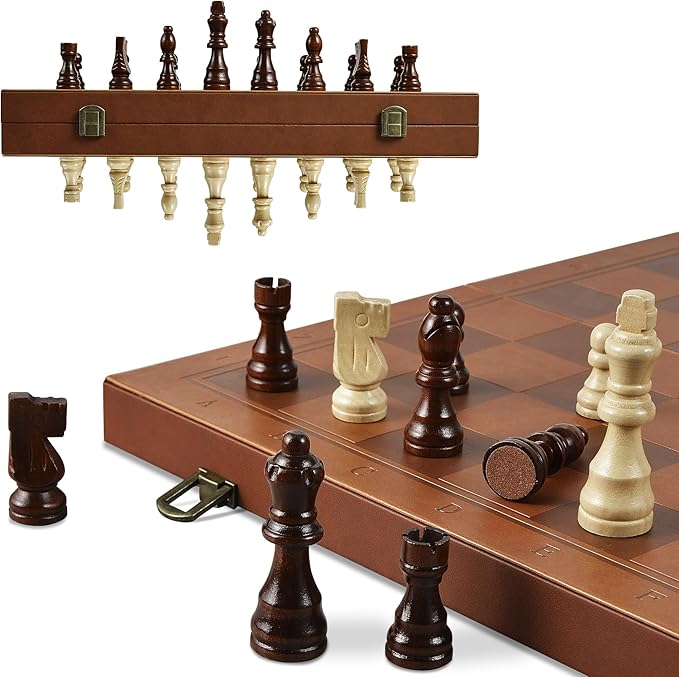 Magnetic Chess Set for Adult Kid 15.4 Leather Chess Board with Handmade Chess Piece Including 2 Extra Queens and Storage Slot Folding Portable Travel Chess Game for Beginner and Professional