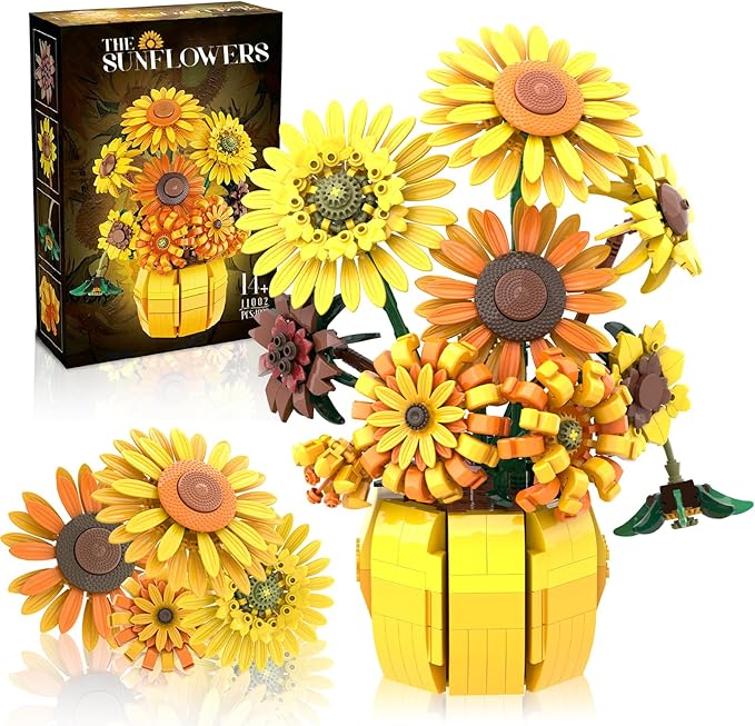 Flowers Building Sets for Adults Van Gogh Prints Art Botanical Collection Sunflowers Pot Bouquet Plants Kits Compatible with Lego Flowers Easter Flores Home Decor for Woman Girls 14+