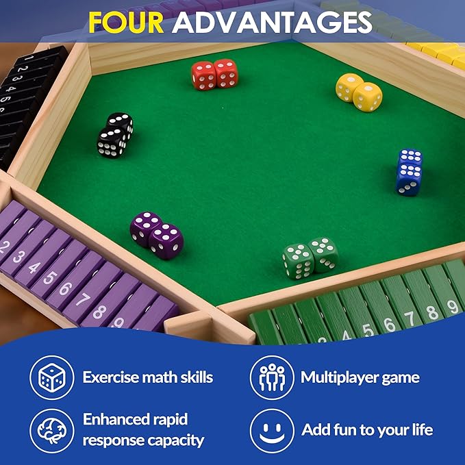 1-6 Players Shut The Box Dice Game 10 Numbers Traditional Wooden Pub Bar Board Gam for Classroom Party or Pub