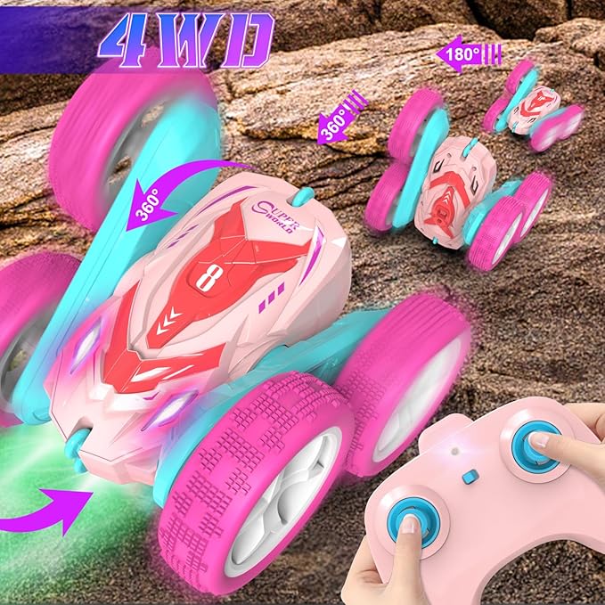 RC Stunt Cars Remote Control Car Double Sided 360° Flip Rotating 4WD 2.4Ghz Rechargeable Car Toy with Headlights For Outdoor &amp Indoor for 6-12 years old Kids Girls Boys Birthday Xmas Gift Pink