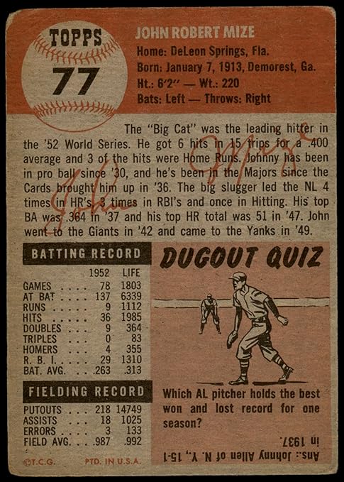 1953 Topps #77 Johnny Mize New York Yankees (Baseball Card) POOR Yankees