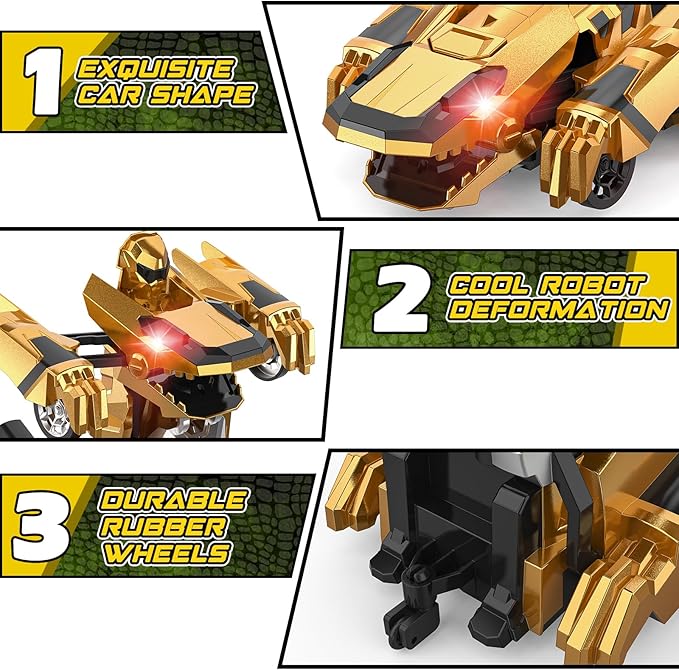 Dinosaur Transform Rc Cars 2.4Ghz Remote Control Car Transforming Robot with Flashing Light 360° Rotation One Button Deformation Car Toy Gifts for Boys Age 4-7 8-12