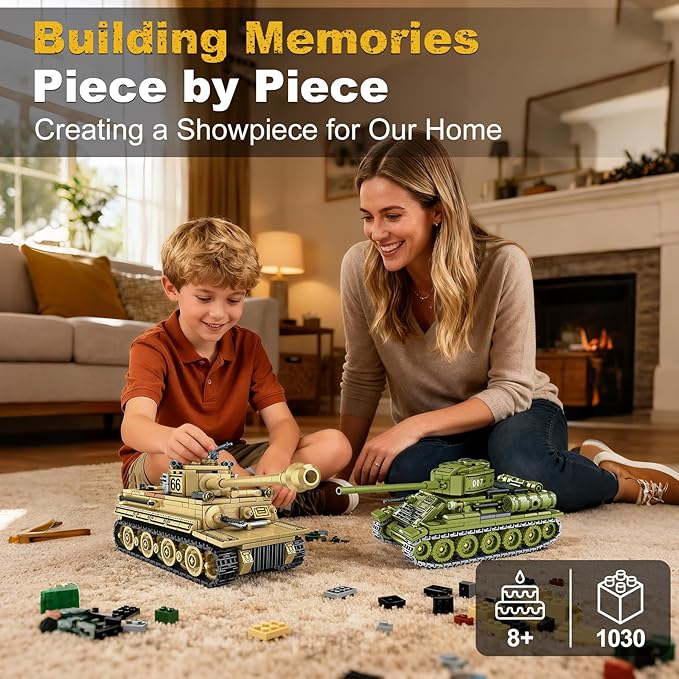 Sosuy WW2 Building Block Army Tank-Sets for Boys Men 1:32 Movable German Tiger &amp Soviet T-34 Military Toys for Kids Ages 8+ Mini Cannon Vehicle Model History Birthday Gifts for Teen Girls 1030 Pi