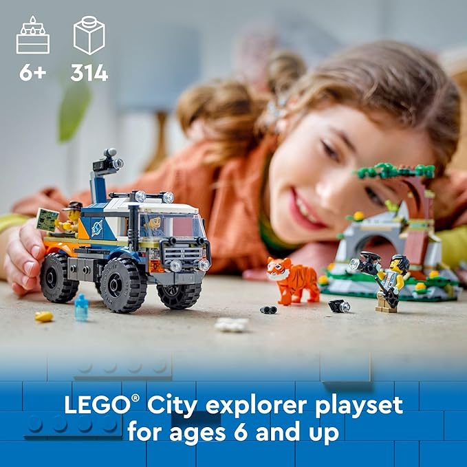 LEGO City Jungle Explorer Off-Road Truck Jungle Toy Building Set for Kids Aged 6 and Up Fun Birthday Gift Idea Off-Road Truck Vehicle 3 Adventurer Minifigures Tiger Figure and Car Toy 60426