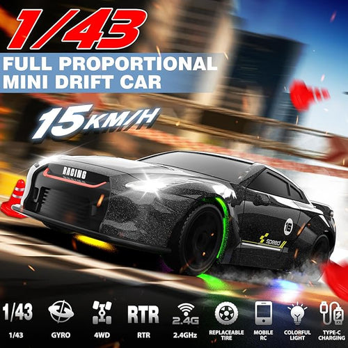 1/43 RC Drift Car Mini Drifting RC Car with Gyro 2.4GHz Full Proportional Drift Cars 4WD RTR Remote Control Cars with Colorful Lights High Speed Fast Racing Vehicle Gift for Kids Boys Adults