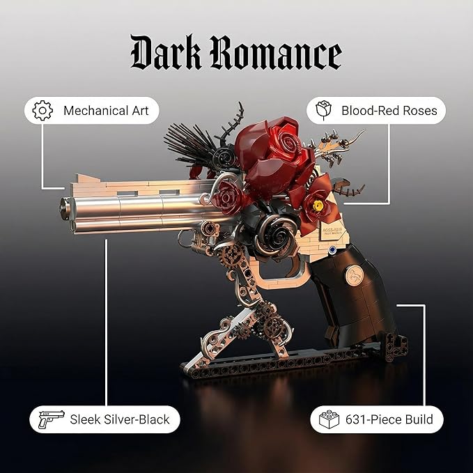 Gothic Rose Mechanical Display Building Blocks Set Black &amp Silver Floral Art Sculpture Model Kit Dark Goth Romance Desk Shelf Decor Gift for Valentine’s Day
