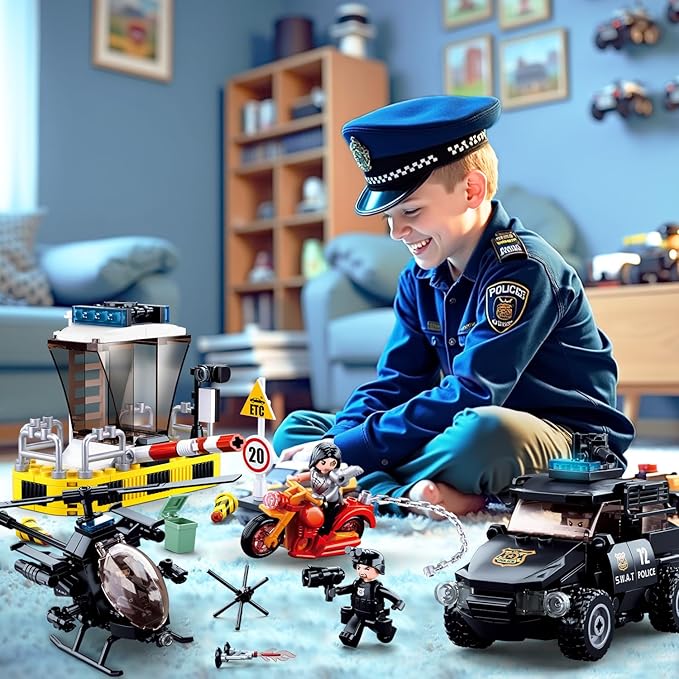 City Police Chase Building Set SWAT Police Building Kit with 4 Minifigures &amp Helicopter &amp Police Truck &amp Motorcycle Compatible with Lego City Police Station Gift for Boys Girls Aged 6+