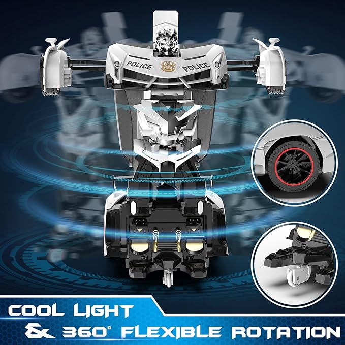 FDJ Remote Control Car - Transform Toys Car Robot One Button Deformation to Robot with Flashing Light 2.4Ghz 1:18 Scale Transforming Police Car Kids Toys with 360 Degree Rotating Girls Boys Toys