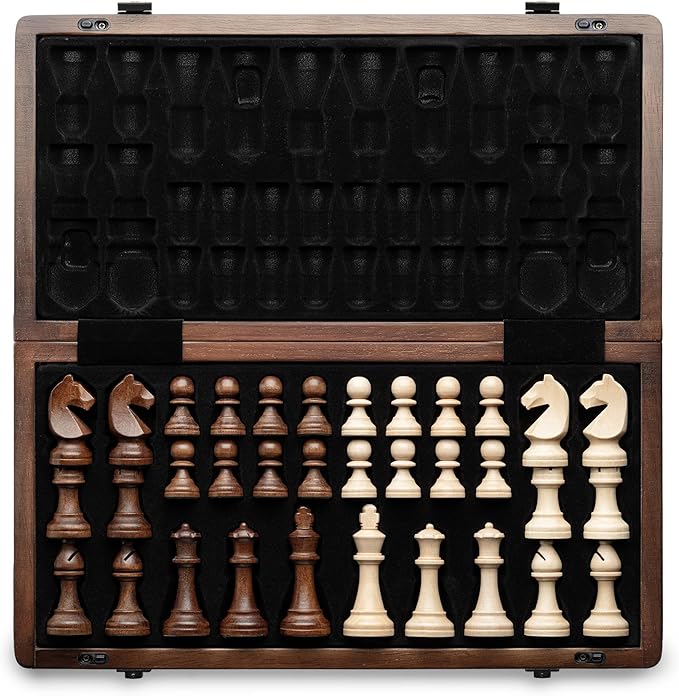 A&ampA 15 Magnetic Wooden Chess Set Handmade 3 King Height Staunton Chess Pieces with 2 Extra Queens Folding Portable Travel Game Set