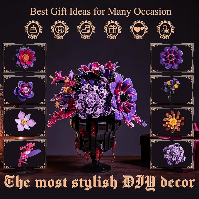 Flowers Bouquet Block SetElegant Purple Bouquet Building with Detailed Instructions for Parent-Child Bonding &amp Creative AchievementGift Idea with Purple Theme for Loved One or Gothic Decor Lover