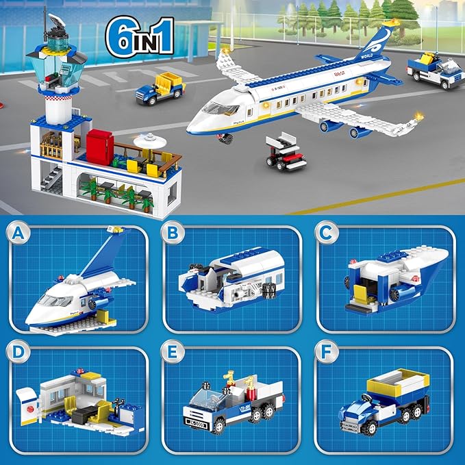 880 Pcs City Airport Passenger Terminal Building Set 6 IN 1 Airplane Building Blocks Toy STEM Aircraft Bricks with Shuttle BusLuggage CartPlanes Model Toys Gifts for Adults Boys Ages 6-12+
