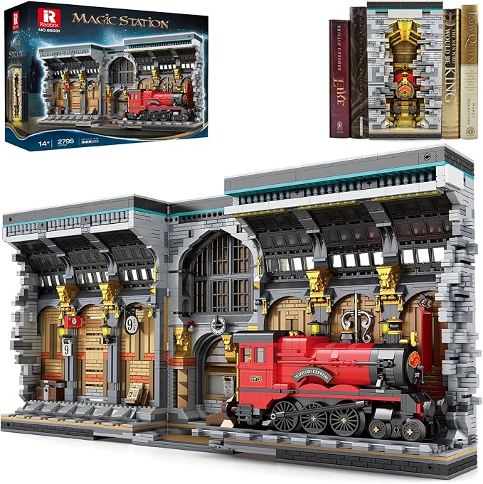 Reobrix Magic Train Booknook Building Set with Lights Creative Bookends Building Kit 66031 Bookshelf Home Decor 2795 PCS Book Nook Model Toy Kit Gift for Teens 14+ and Adults
