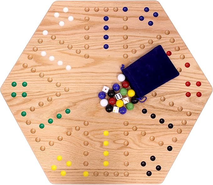 AmishToyBox.com Wahoo Wooden Marble Game Board Set - Large 24 Wide - Solid Oak Wood - Double-Sided - with Large 22mm Marbles and Dice Included