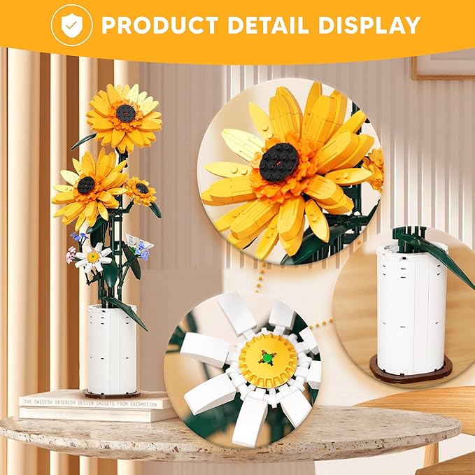 Sunflower Building Blocks Sets Flower Bouquet with Vase for Adults Teens Flower Garden Building Toys for Girls Boys Home Decor - 821Pcs