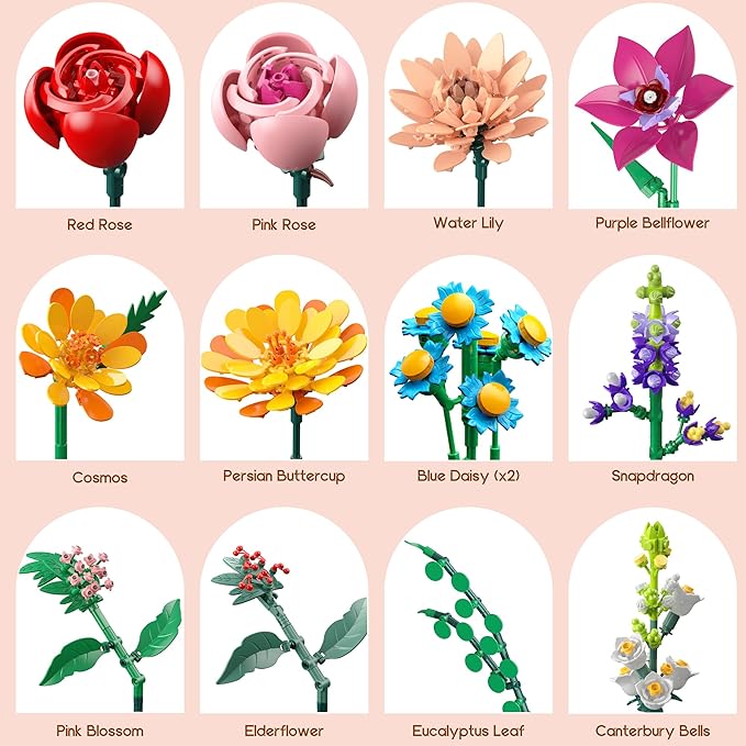 Flowers Bouquet Building Set 891 PCS Artificial Wildflower Botanical Collection Kit for Women Kids Girls Home Office Decor Gift for Mother's Day/Valentine's/Christmas