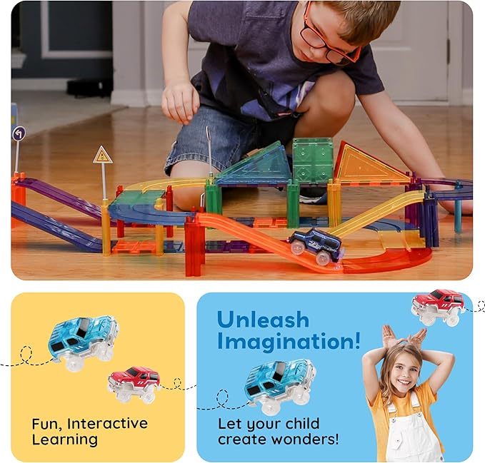 PicassoTiles Magnetic Tiles Race Track Car Thrilling Toy Playset Includes 2 Racing Trucks STEM Educational Magnet Tile Building Block Construction Set for Toddlers Boys Girls Ages 3 and Older PTR30