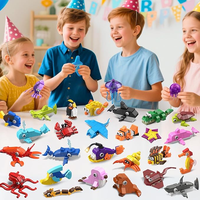 30 Pack Animals Easter Party Favors For Kids 824PCS Marine Animal Building Block Sets for Easter Basket Fillers Goodie Bags Stuffer Classroom Prizes Stocking Stuffers Birthday Gifts for Boys Girls 6+