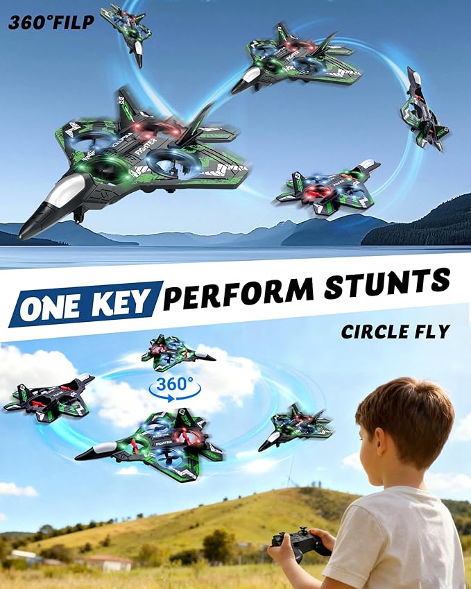 Drones for Kids Form RC Plane Remote Control Airplane Aircrafts for Boys and Girls Jet Helicopter Drones with LED Lights 360° Flip 2 Rechargeable Batteries (Green)