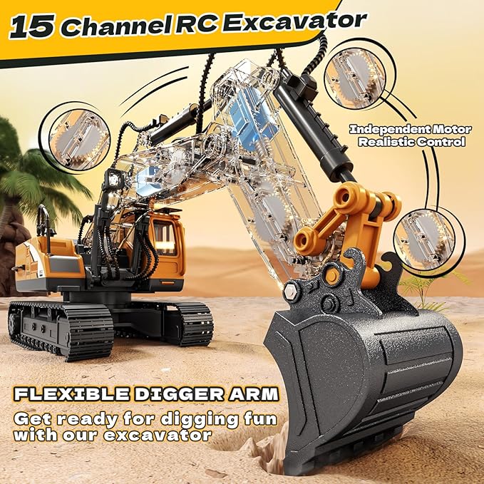 RC Excavator Toys for 3 4 5 6 7 8 Year Old Toddler Boys 15 Channel Remote Control Construction Toys W/Sandbox &amp 2.2 lb Sands Sandbox Toys W/Light &amp Sound Birthday Gift for Kids Boys Age 4-6