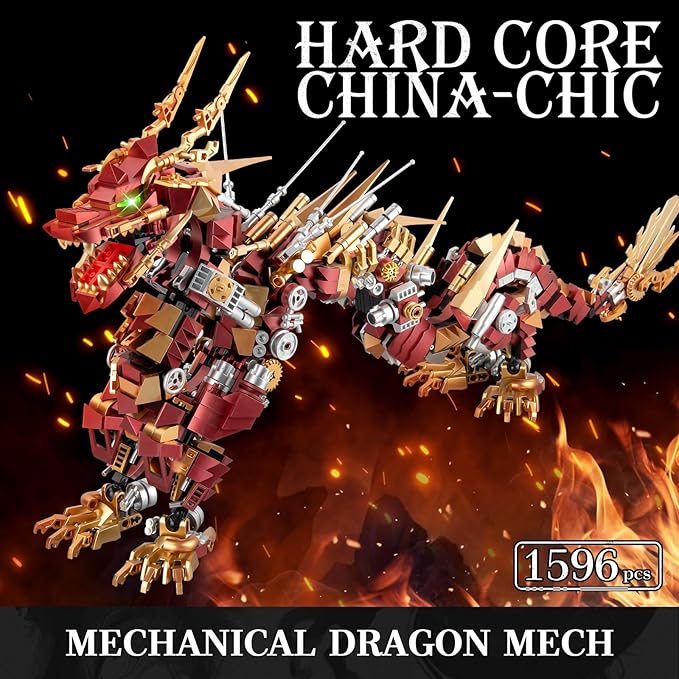 HIGH GODO Dragon Building Blocks Sets for Adults Red Mechanical Dragon Animal Building Model Collectible Display Toys Cool Toys Gifts for Fans Teens 14+ (1596 Pieces)
