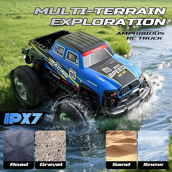 DEERC BG028 Amphibious RC Monster Truck/Boat IPX7 Waterproof Remote Control Car W/Gesture Sensing Control 2.4GHz 4WD RC Car W/ 360°RotationLED Light40mins Play RC Truck Toys for Kids Boys 6-12