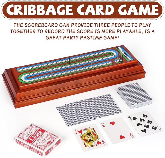 Wooden Cribbage Board Game Set with Cards and Metal Pegs 3 Track Cribbage Board with Storage Drawer Portable Travel Cribbage Set for Adults Families Seniors Camping &amp Game Night