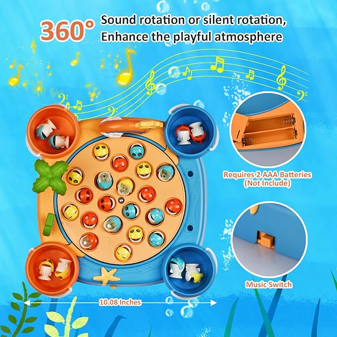 Magnetic Fishing Game Set - 21 Fish and 6 Poles Rotating Toddler Board Games with Music Switch Fine Motor Skills Fishing Toys for Kids and Toddlers 3 4 5 6 7 8 and Up