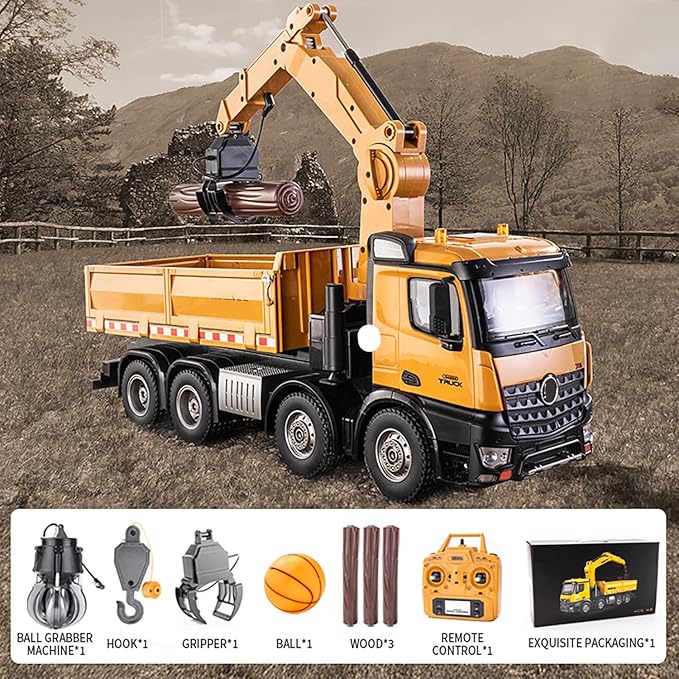 20-Inch 3 in 1 Remote Control Dump Truck Wood Grabber 26-Channels 1/14 Scale 6.6LBS Load Capacity RC Heavy Duty Metal Construction Vehicles Toy for 14y+ Beginners (8 Wheels)