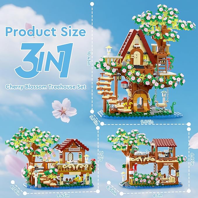 3 in 1 Cherry Blossom Treehouse Building Set Ideas Flower Tree House Set for Adults Collectible Creative Sakura Garden Toys Gifts for Teens 14+ (995 PCS)