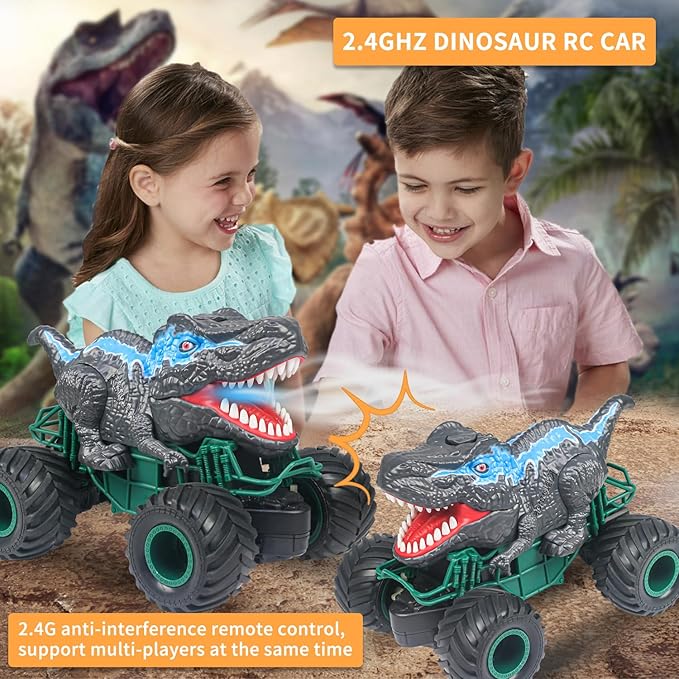 Dinosaur Remote Control Car 2.4GHz RC Mega Monster Truck Toys for Toddlers Dinosaur Toys with Light Sound Spray Christmas and Birthday Gifts for 3 4 5 6 7 8-12 Kids BoysAll Terrain RC Cars