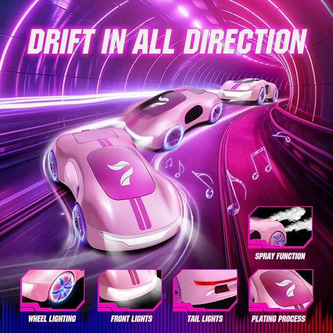 Gesture Sensing Remote Control Car Drift RC Stunt Car with Light Spray &amp Sound 2.4GHz Hobby RC Cars Toy for Kids 360° Rotate Birthday Gifts for Boys Girls 6-12（Pink）